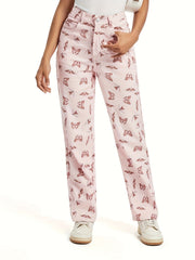 Butterfly Print Pink Straight Leg Jeans