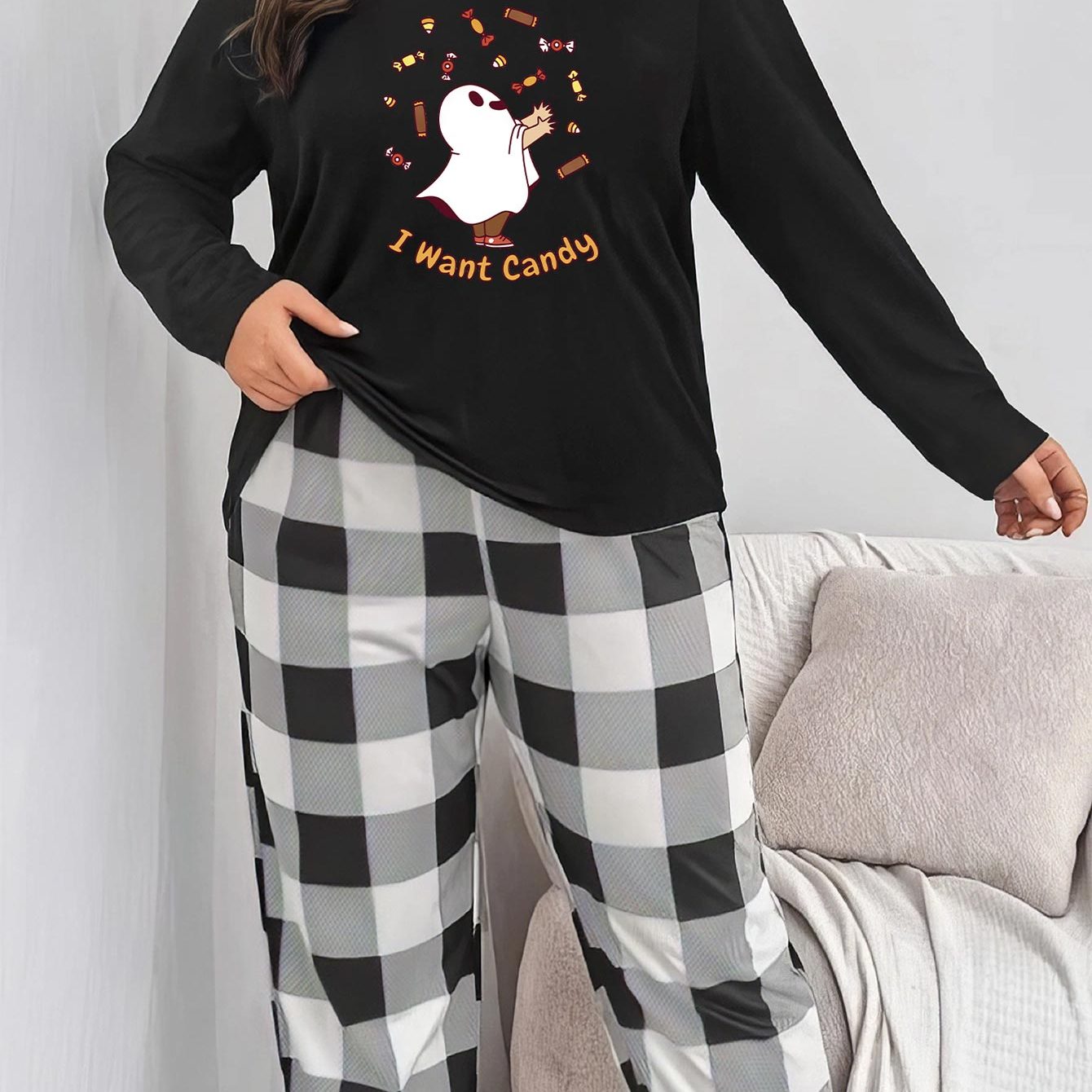 Halloween Pajama Set Women's Ghost & Candy Print Tee & Plaid Pants