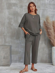 Casual 2pc Set Crew Neck Tee & Wide Leg Pants Women's Clothing