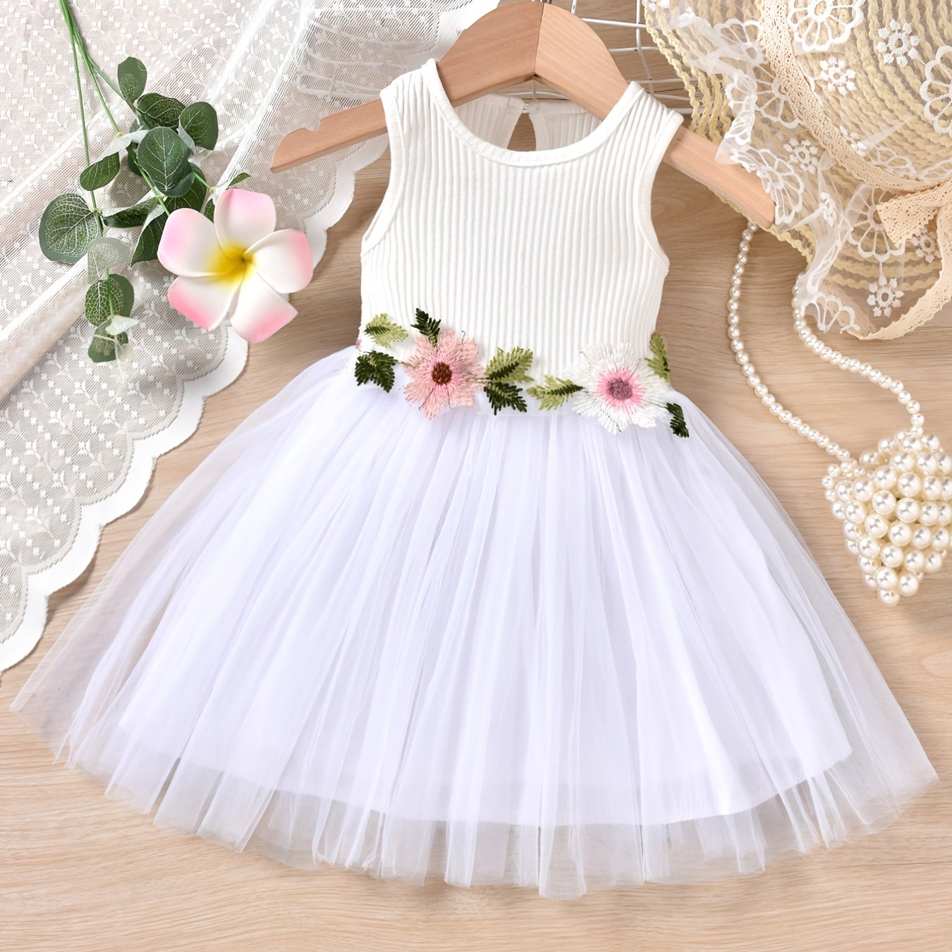 Baby Girls Casual Floral Embroidery Mesh Sleeveless Dress