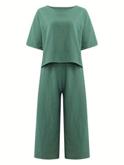 2pcs Tee & Pants Set Vacation Casual Two Piece Outfit Women's Clothing