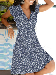 Floral Print V Neck Slim Dress Short Sleeve Casual Dress For Fall & Spring