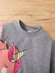 2pcs Girls Unicorn Print Patchwork Sweatshirt Pants Set