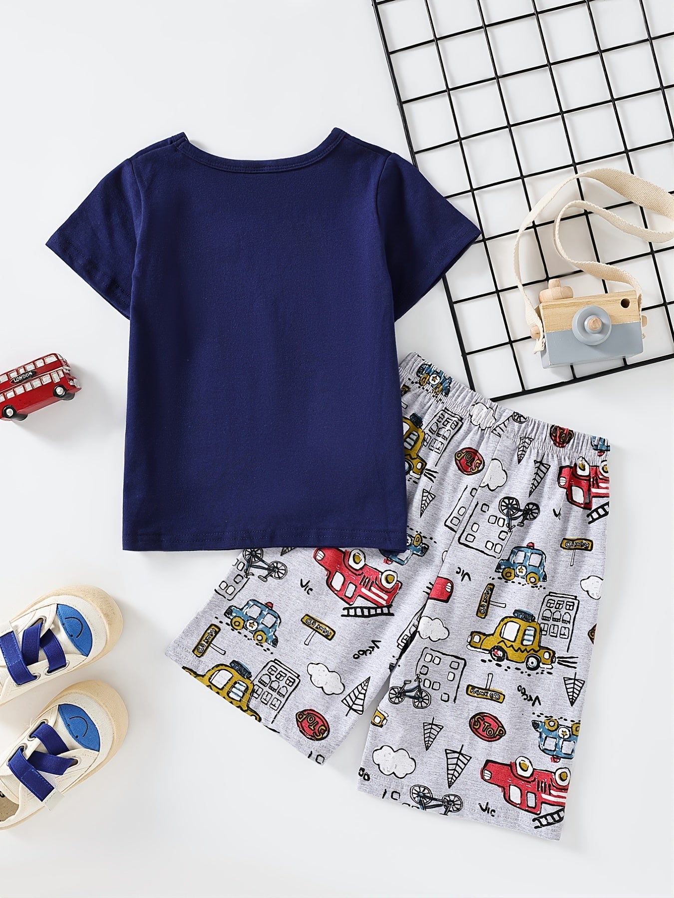 Boys Cartoon Car Print T Shirt & Shorts Set Kids Summer Clothes