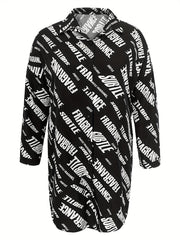 Women's Plus Letter Print Long Sleeve Button Up Shirt Dress