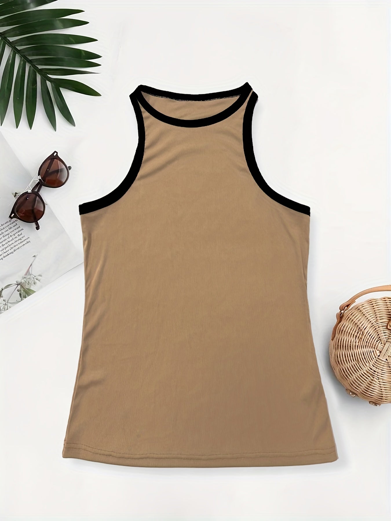Colorblock Tank Top with Contrast Trim Round Neck
