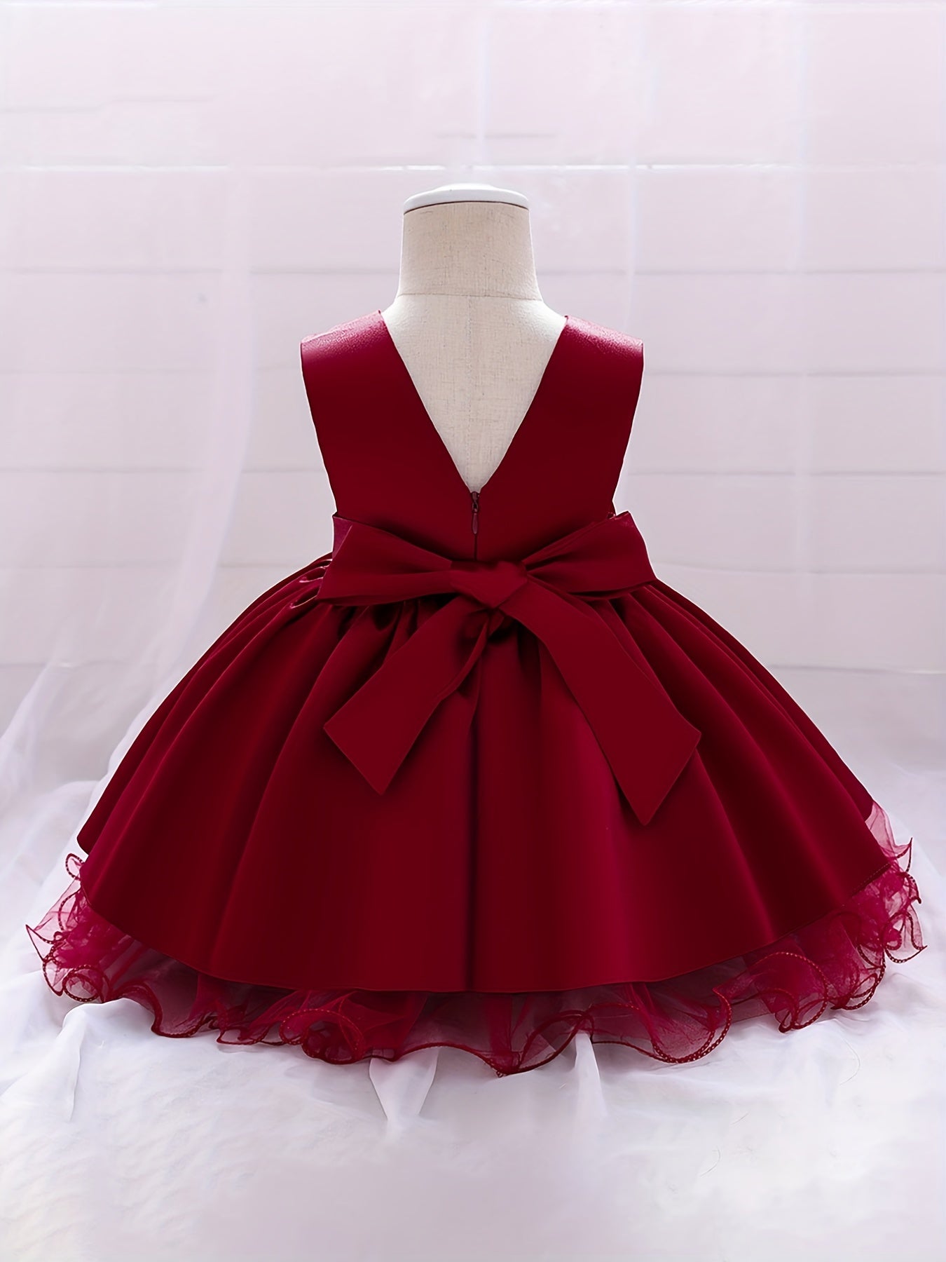 Baby Girls Princess Dress with Bowknot V Neck Mesh Trim