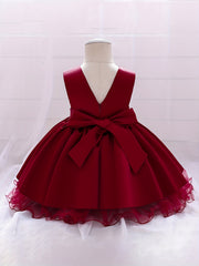 Baby Girls Princess Dress with Bowknot V Neck Mesh Trim