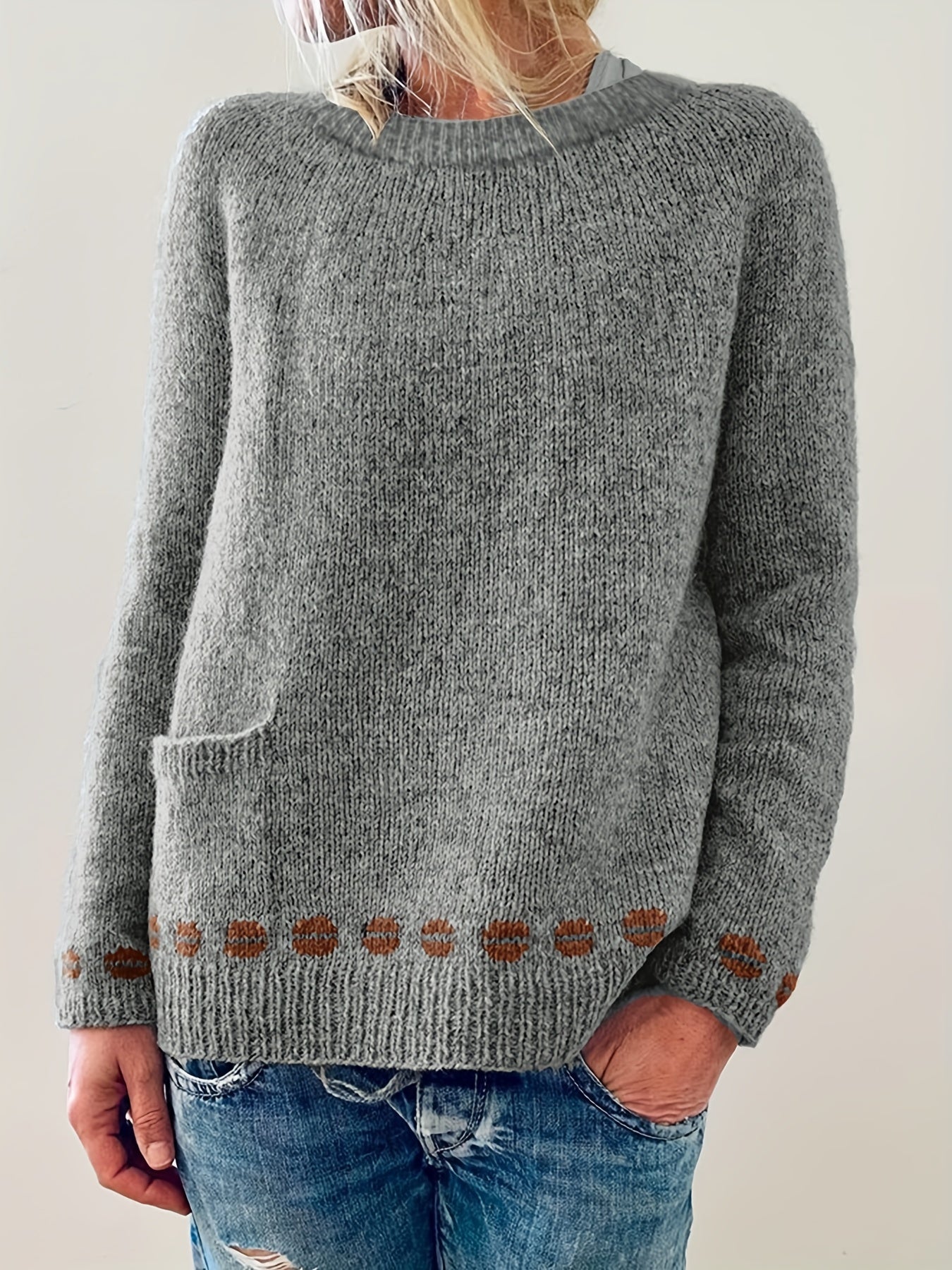Geo Print Round Neck Jumper With Pocket