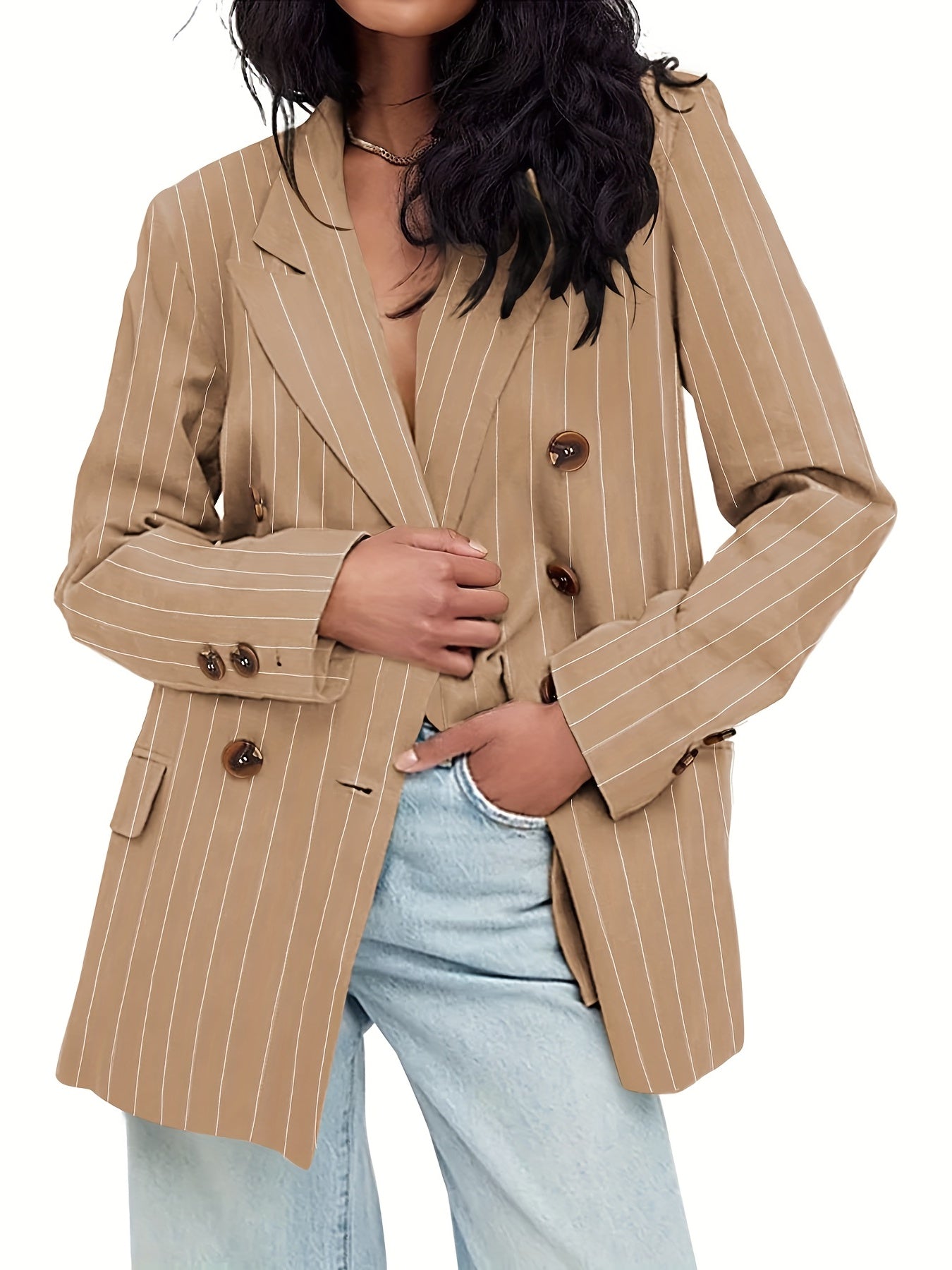 Striped Print Lapel Blazer Open Front Long Sleeve Outerwear