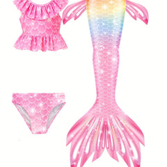 Girl's Mermaid Swimsuit 3pc Ruffled Bikini Set & Mermaid Tail
