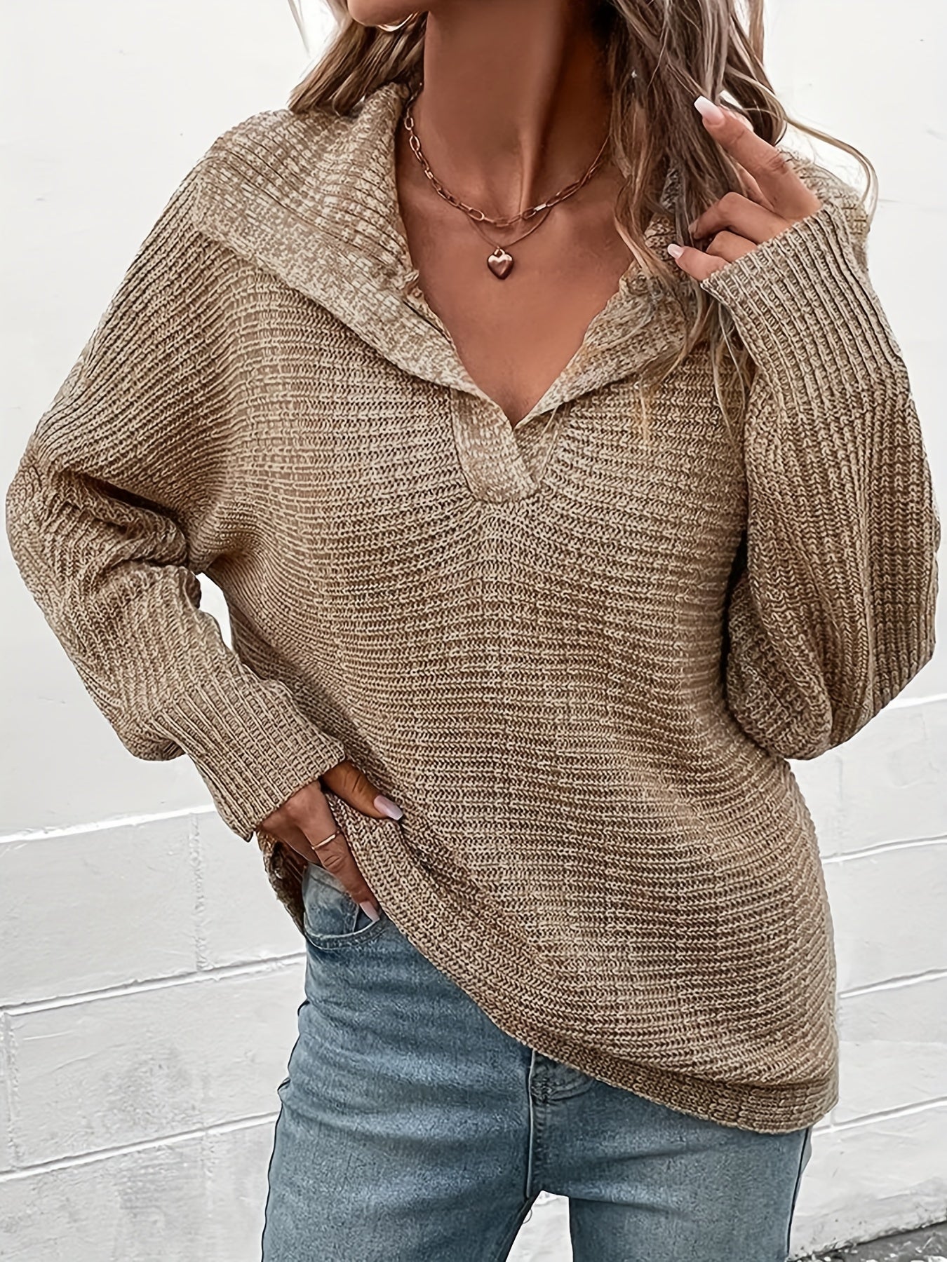 Women's Plus Size Knitted Pullover Sweater with Lapel Collar