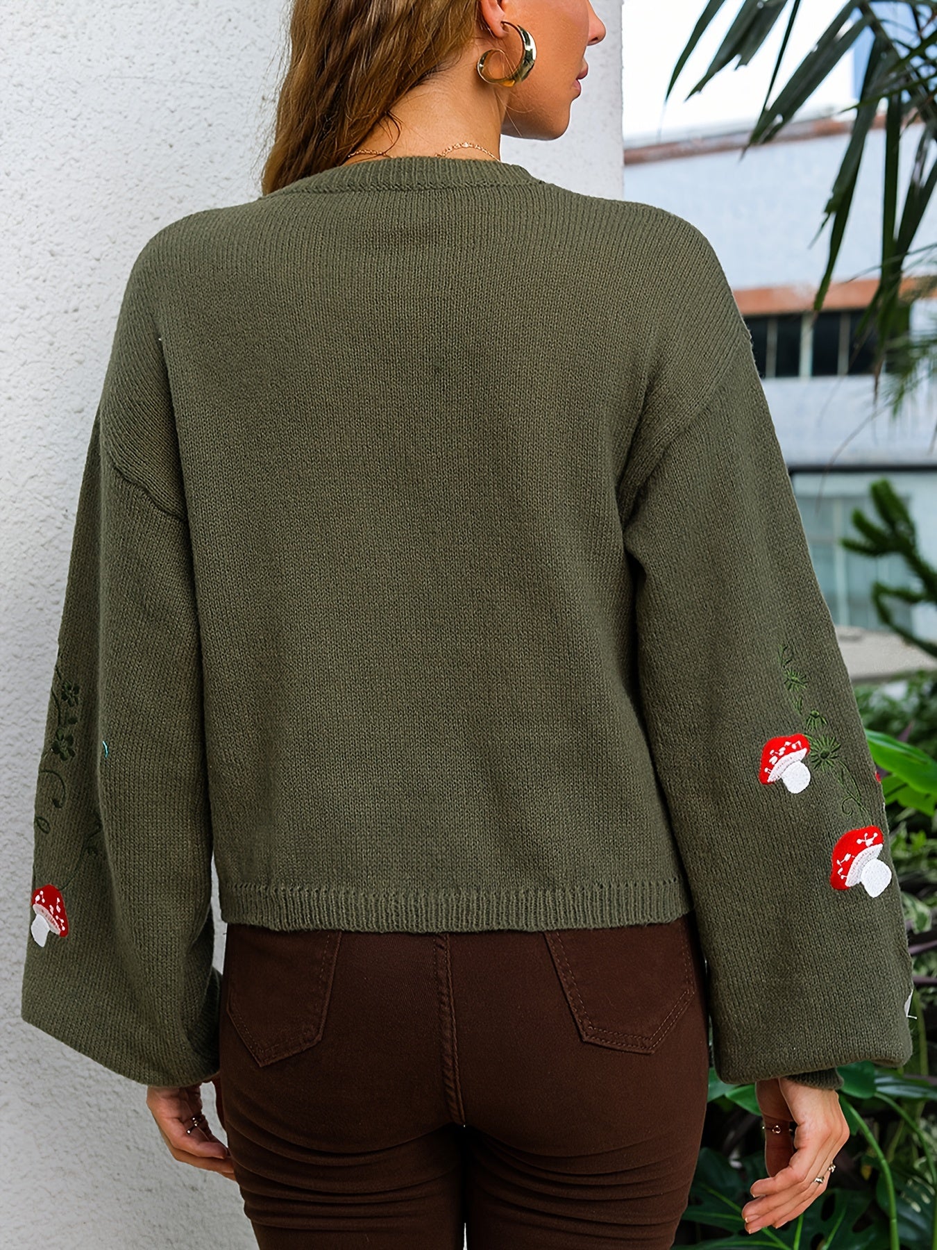 Mushroom Embroidery Knit Cardigan Button Front Long Sleeve Sweater