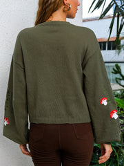 Mushroom Embroidery Knit Cardigan Button Front Long Sleeve Sweater