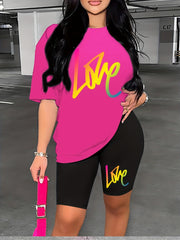 Love Print 2pc Set Short Sleeve T Shirt & Shorts Casual Outfits
