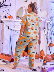 Pumpkin & Bat Print Pajama Set for Women