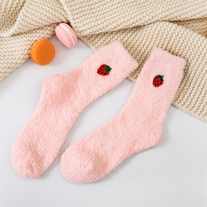 Soft Plush Home Floor Socks Fruit Pattern Thick & Warm Mid Tube Stockings