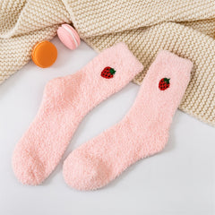Soft Plush Home Floor Socks Fruit Pattern Thick & Warm Mid Tube Stockings
