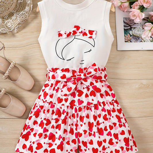 Girls Heart Print Top & Shorts Set Comfortable Casual T Shirt And Pants