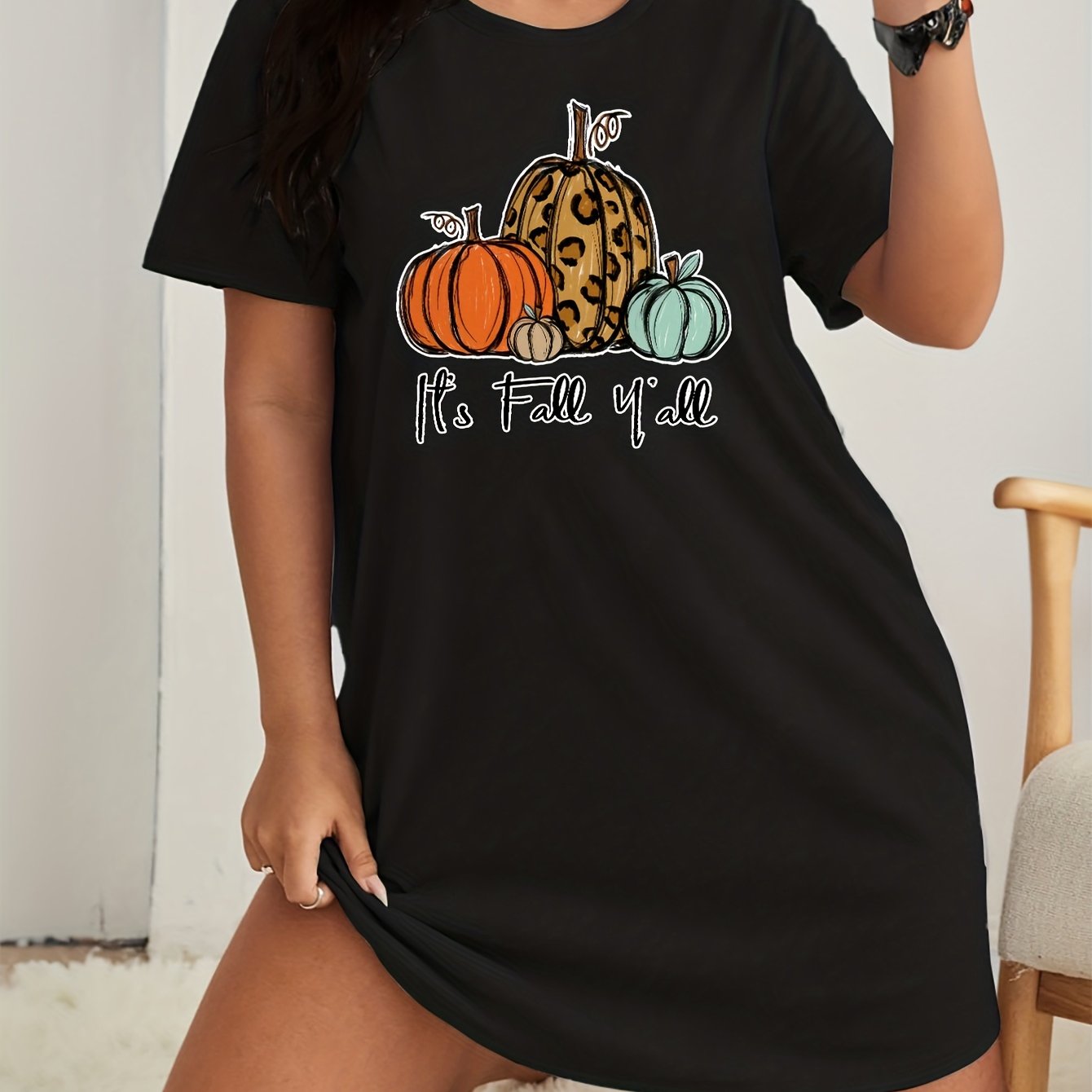 Halloween Lounge Dress Leopard Pumpkin Print Tee Nightdress