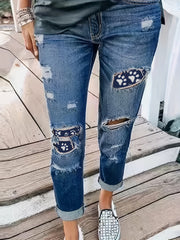 Women's Ripped Paw Patched Skinny Denim Pants