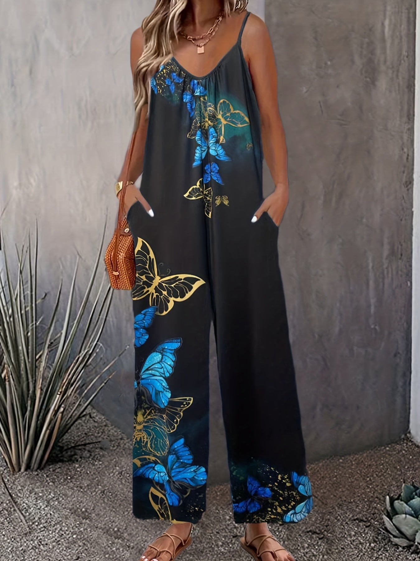 Butterfly Print Wide Leg Jumpsuit Casual V Neck Sleeveless Jumpsuit