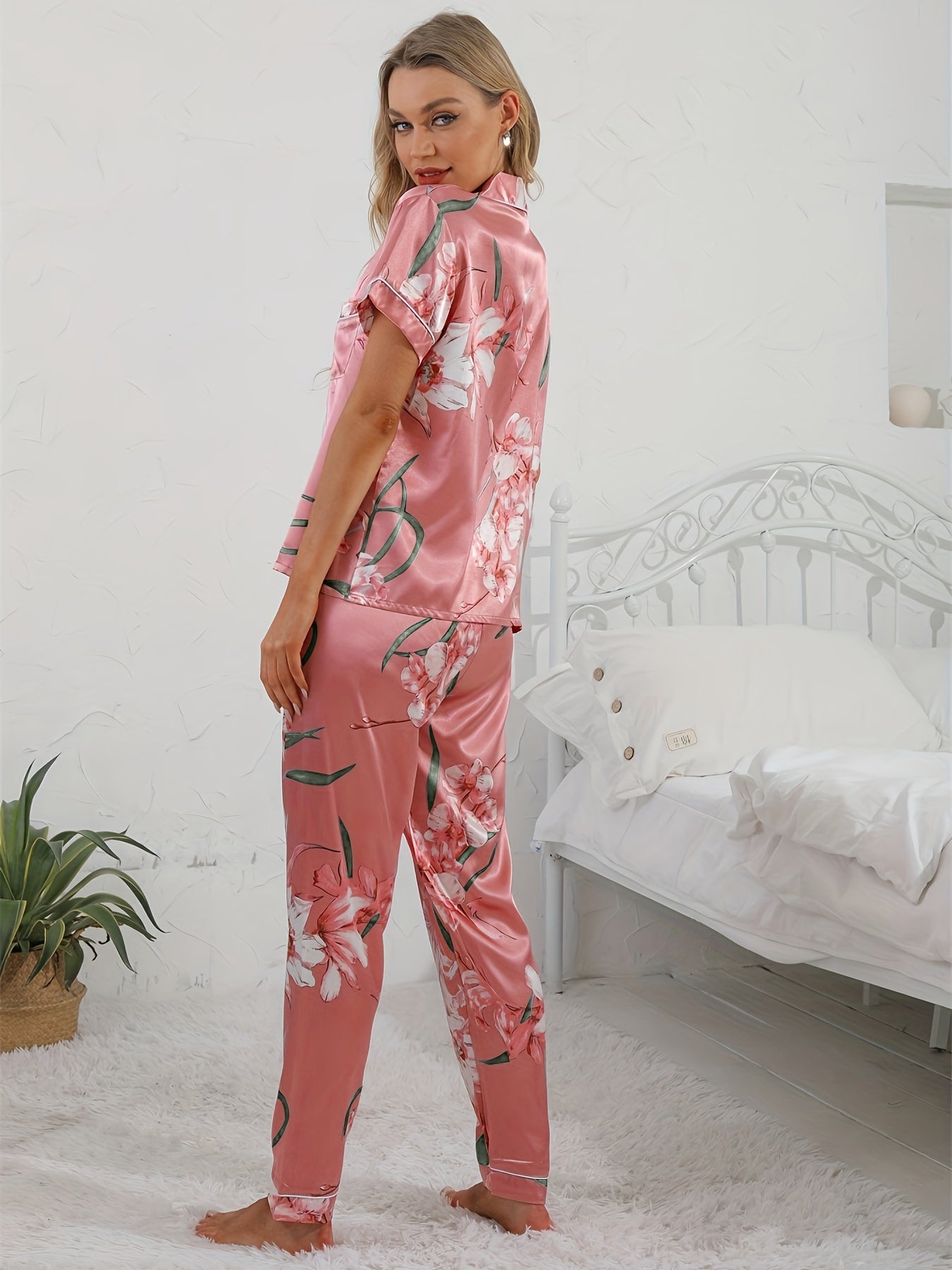 Floral Satin Pajama Set Short Sleeve Top & Long Pants