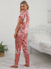 Floral Satin Pajama Set Short Sleeve Top & Long Pants