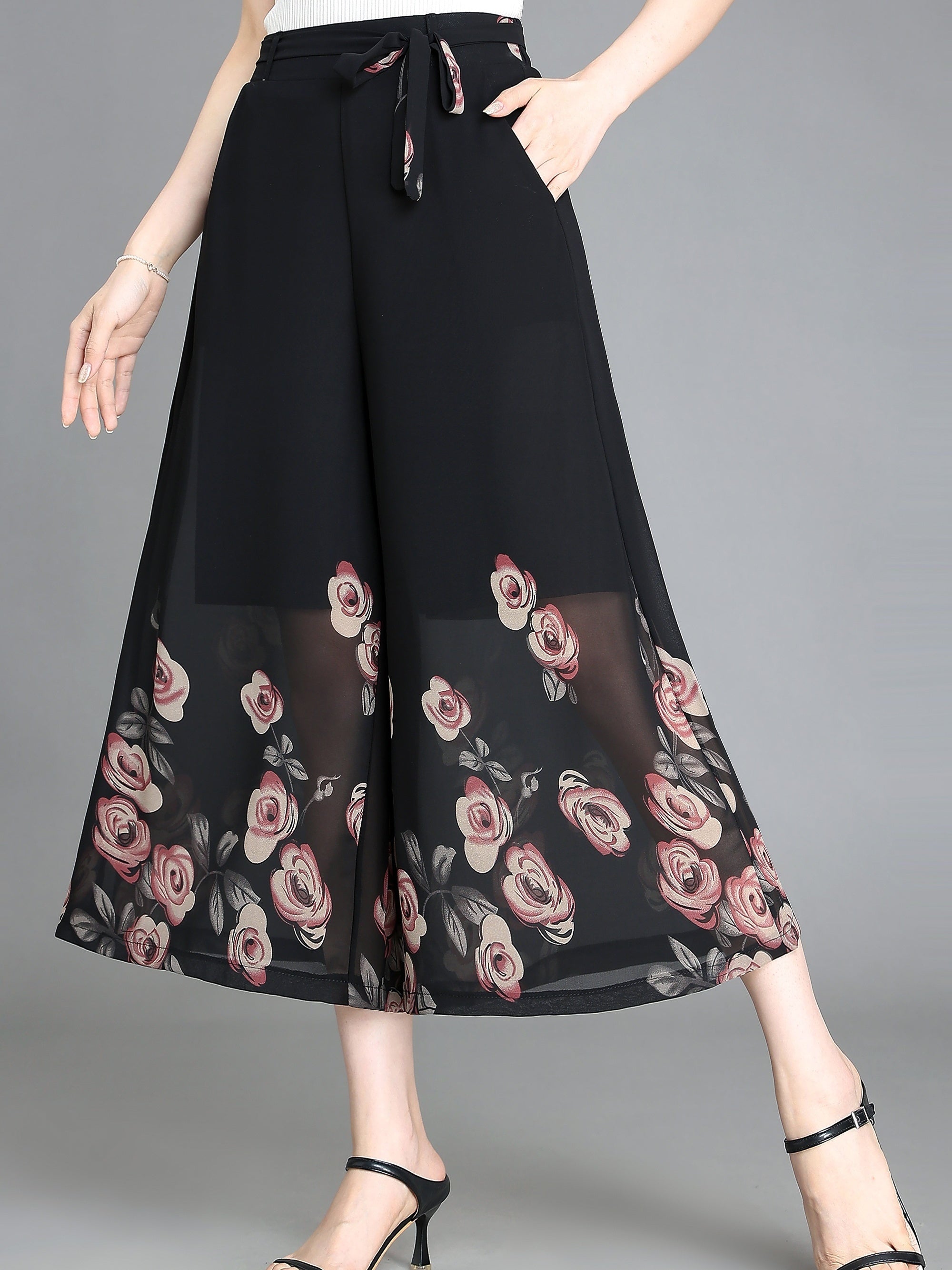 Floral Pattern Chiffon Cropped Wide Leg Pants Casual Belted Pants