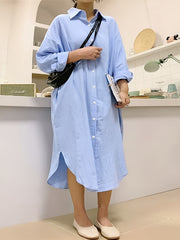Solid Button Up Long Sleeve Shirt Dress