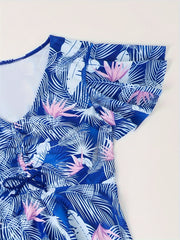 Boho Tankini Set Tropical Print Ruffle Sleeve V Neck Lace Top & Shorts