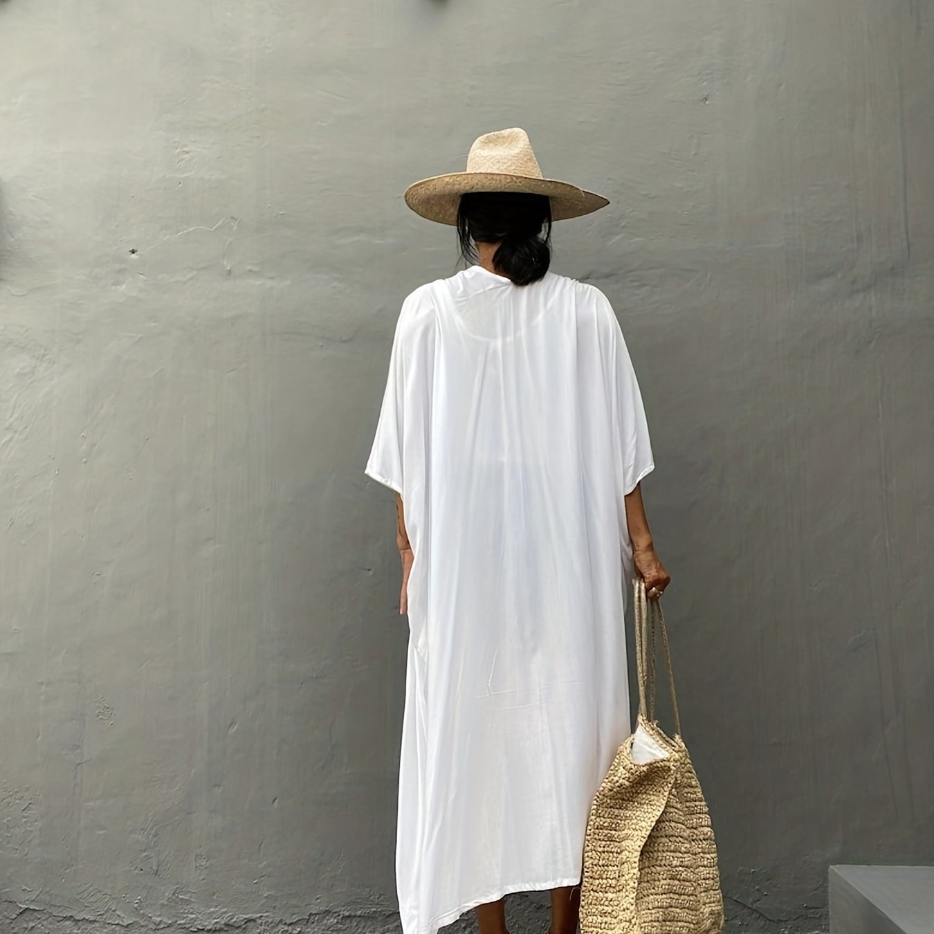 Solid Cover Up Shirt V Neck Loose Fit Non Stretch Beachwear Kimono
