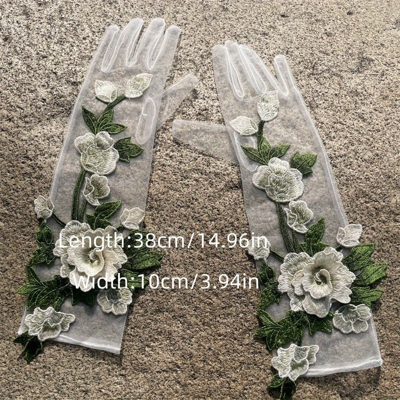 3D Floral Bridal Wedding Dress Gloves Ivory Mesh Flowers Holiday Accessory