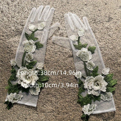3D Floral Bridal Wedding Dress Gloves Ivory Mesh Flowers Holiday Accessory