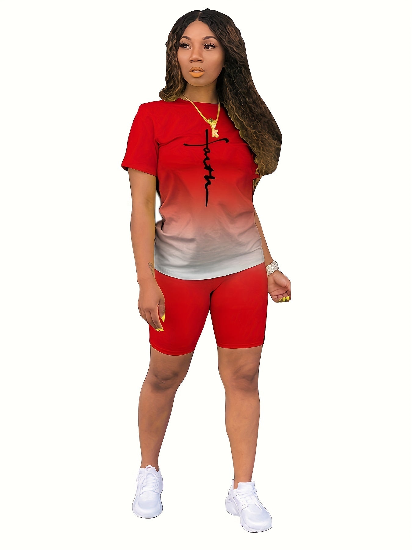 Faith Print Ombre Two-piece Set Short Sleeve Tops & Shorts