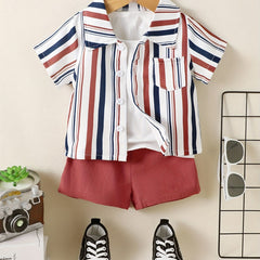 2pcs Baby Boys Striped Short Sleeve Shirt & Shorts Set For Summer
