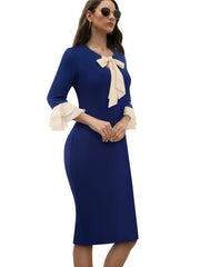 Tie Neck Ruffle Trim Midi Dress 3 4 Sleeve