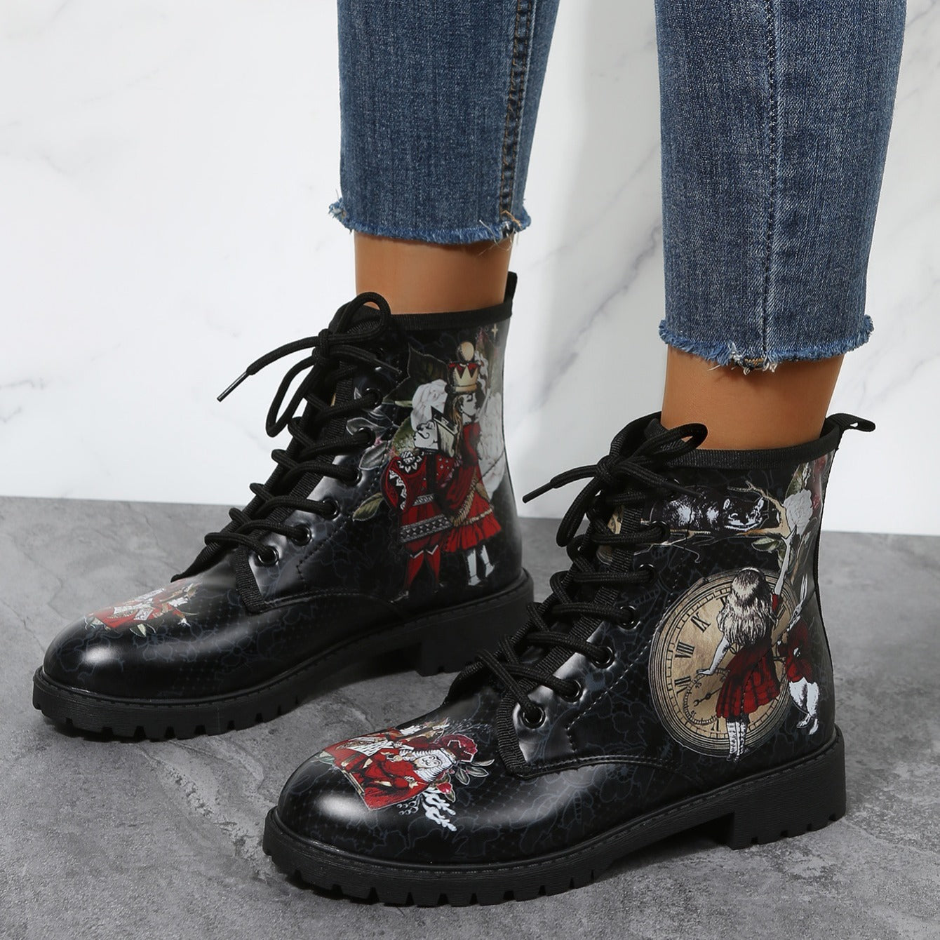 Rabbit & Figure Graphic Lace Up Combat Boots Women's Ankle Boots