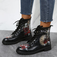 Rabbit & Figure Graphic Lace Up Combat Boots Women's Ankle Boots
