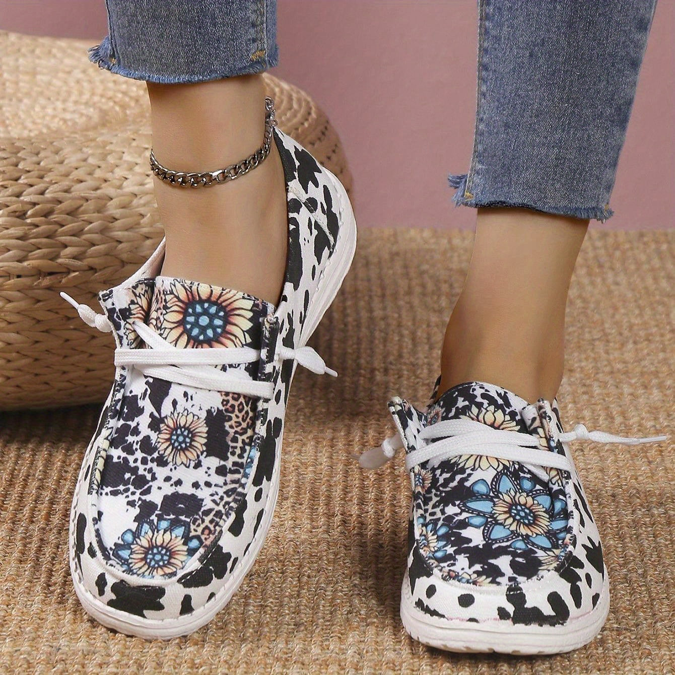 Sunflower & Cow Canvas Lace Up Sneakers