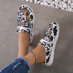 Sunflower & Cow Pattern Canvas Shoes Lace Up Flat Sneakers