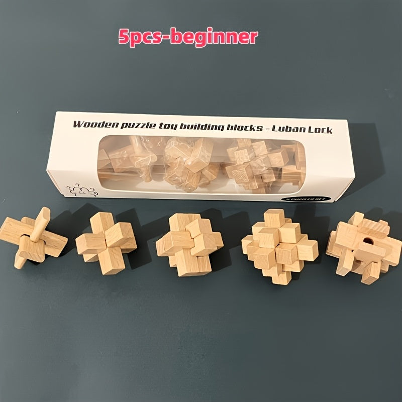 Wooden Puzzle Set 5-Pack Medium-Hard Level Craft with Instructions