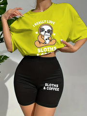 Cartoon Print Lounge Set Short Sleeve Crew Neck Top & Elastic Waistband Shorts