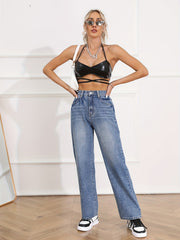 Dark Mid Waist Straight Jeans Loose Fit Baggy Casual Non Stretch Denim Pants