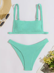 Rib Knit Bikini Set Back Buckle Backless High Cut Two Piece Swimsuit