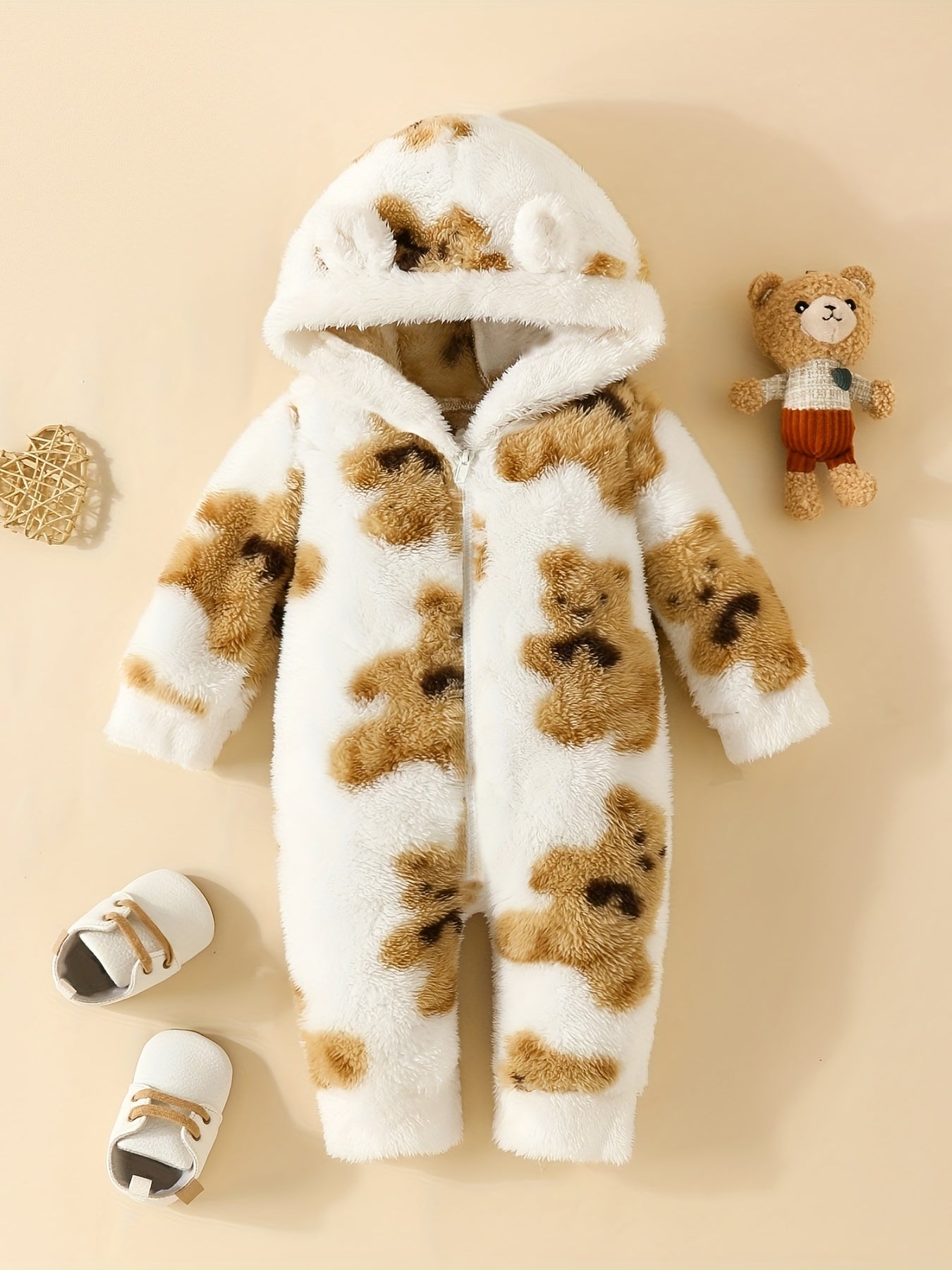 Furry Bear Hooded Baby Jumpsuit with Ears