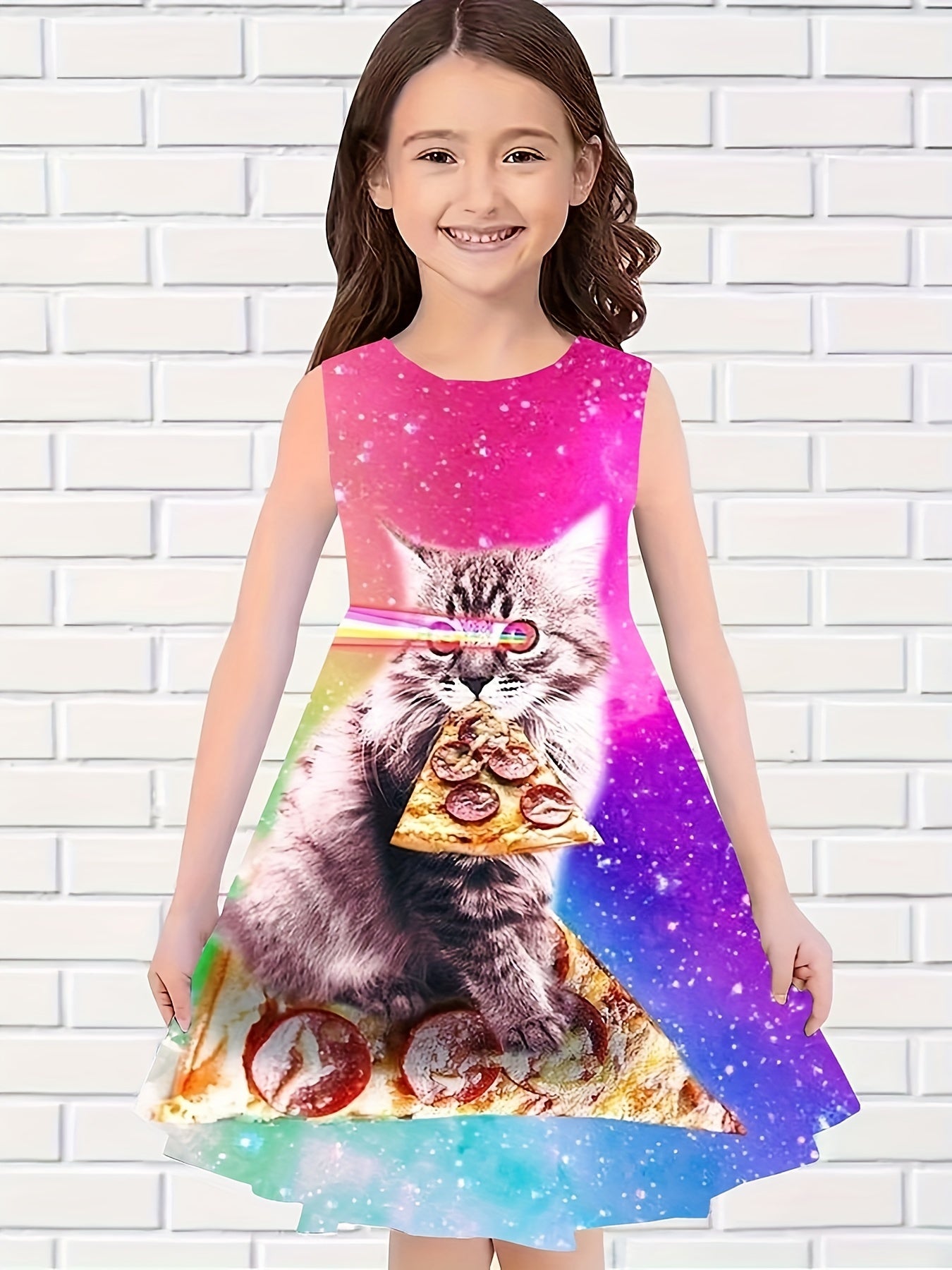 Girls 3D Cat Sleeveless Dress for Summer Outdoor