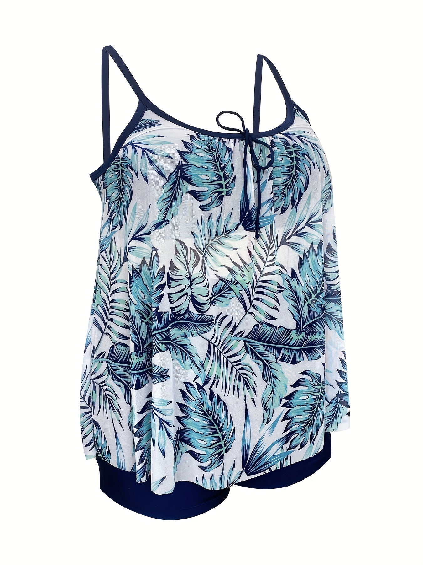 Leaf Print Tankini Set Crew Neck Tie Front Cami Top & Shorts Two Piece