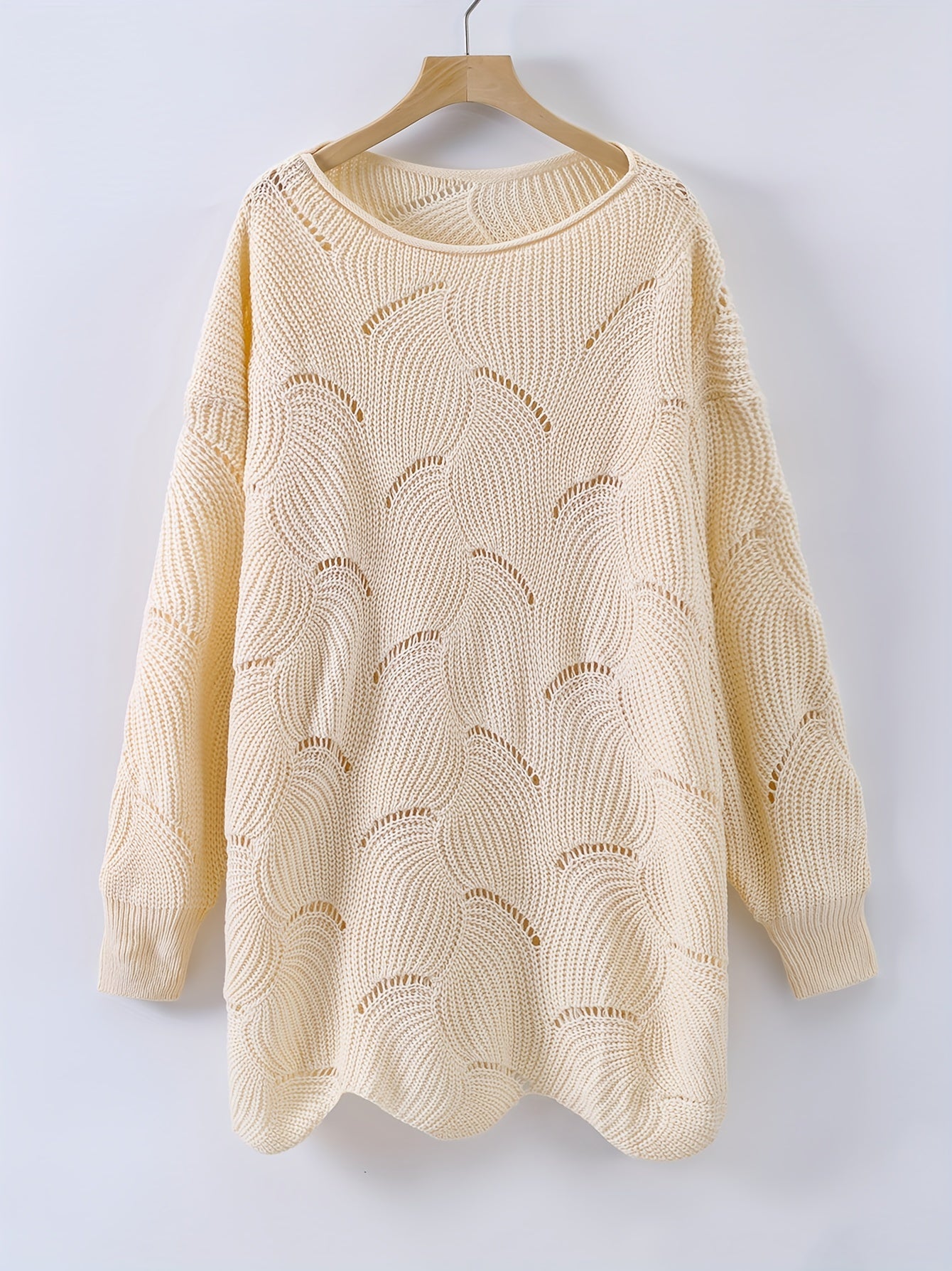 Casual Sweater Women's Solid Pointelle Long Sleeve Pullover Jumper
