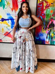 Graffiti Print High Waist Skirt Casual Ruched Maxi Skirt
